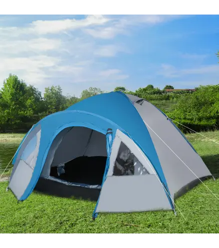 Tienda de Campaña para 3-4 Personas con Ventanas 2 Bolsillos y Bolsa de Transporte 250x300x130 cm Gris y Azul