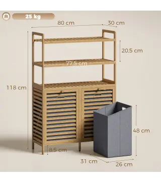 Mueble Ropa Sucia de Bambú con 2 Cestos para Ropa Sucia Inclinables 38,7 L y 3 Estantes 80x30x118 cm Roble