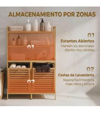 Mueble Ropa Sucia de Bambú con 2 Cestos para Ropa Sucia Inclinables 38,7 L y 3 Estantes 80x30x118 cm Roble