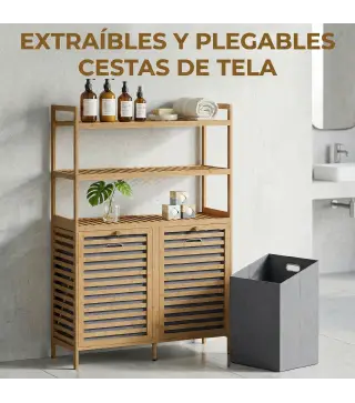 Mueble Ropa Sucia de Bambú con 2 Cestos para Ropa Sucia Inclinables 38,7 L y 3 Estantes 80x30x118 cm Roble