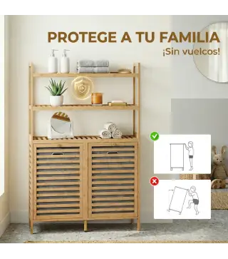 Mueble Ropa Sucia de Bambú con 2 Cestos para Ropa Sucia Inclinables 38,7 L y 3 Estantes 80x30x118 cm Roble