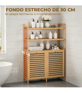 Mueble Ropa Sucia de Bambú con 2 Cestos para Ropa Sucia Inclinables 38,7 L y 3 Estantes 80x30x118 cm Roble