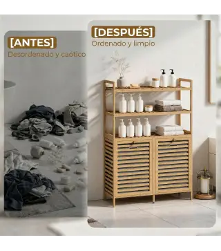 Mueble Ropa Sucia de Bambú con 2 Cestos para Ropa Sucia Inclinables 38,7 L y 3 Estantes 80x30x118 cm Roble