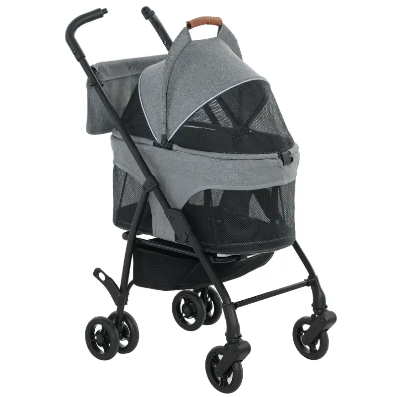 Cochecito para Perro Carrito 3 en 1 Desmontable Plegable Capazo Extraíble y Sin Cremallera Suspensión Gris