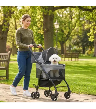 Cochecito para Perro Carrito 3 en 1 Desmontable Plegable Capazo Extraíble y Sin Cremallera Suspensión Gris