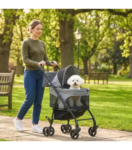 Cochecito para Perro Carrito 3 en 1 Desmontable Plegable Capazo Extraíble y Sin Cremallera Suspensión Gris