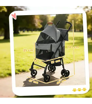 Cochecito para Perro Carrito 3 en 1 Desmontable Plegable Capazo Extraíble y Sin Cremallera Suspensión Gris