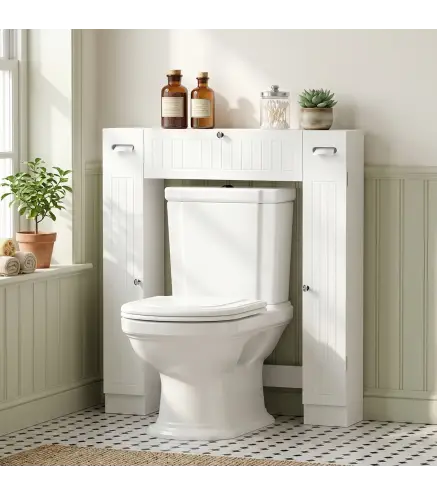 Mueble sobre Inodoro con 2 Armarios Cajón Abatible Portapapeles y Estantes Ajustables 88x18x98 cm Blanco