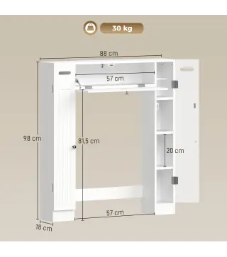 Mueble sobre Inodoro con 2 Armarios Cajón Abatible Portapapeles y Estantes Ajustables 88x18x98 cm Blanco