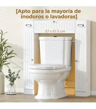 Mueble sobre Inodoro con 2 Armarios Cajón Abatible Portapapeles y Estantes Ajustables 88x18x98 cm Blanco