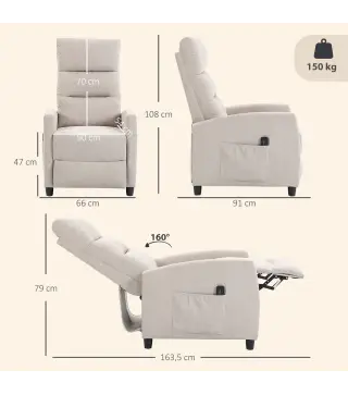 Sillón de Masaje Reclinable con Reposapiés 2 Zonas de Masaje Respaldo Alto Bolsillos Tapizado en Chenilla Crema