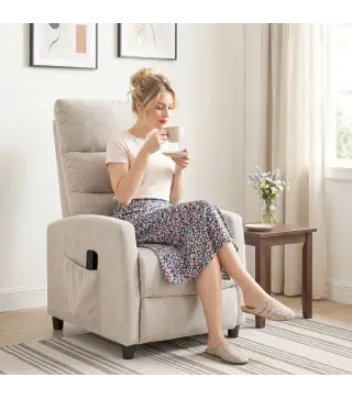 Sillón de Masaje Reclinable con Reposapiés 2 Zonas de Masaje Respaldo Alto Bolsillos Tapizado en Chenilla Crema