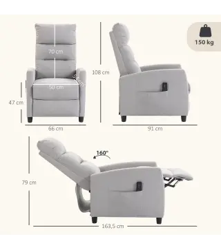 Sillón de Masaje Reclinable con Reposapiés 2 Zonas de Masaje Respaldo Alto Bolsillos Tapizado en Chenilla Gris