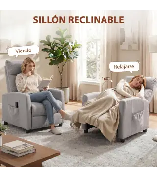 Sillón de Masaje Reclinable con Reposapiés 2 Zonas de Masaje Respaldo Alto Bolsillos Tapizado en Chenilla Gris