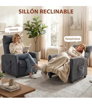 Sillón de Masaje Reclinable con Reposapiés 2 Zonas de Masaje Respaldo Alto Bolsillos Tapizado en Chenilla Gris