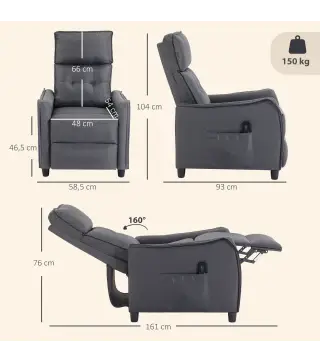 Sillón de Masaje Reclinable con Reposapiés 2 Zonas de Masaje Asiento de Muelles Bolsillos Tapizado en Lino Gris