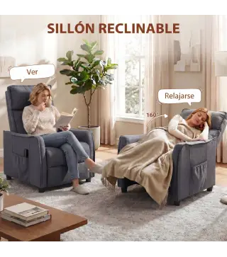 Sillón de Masaje Reclinable con Reposapiés 2 Zonas de Masaje Asiento de Muelles Bolsillos Tapizado en Lino Gris