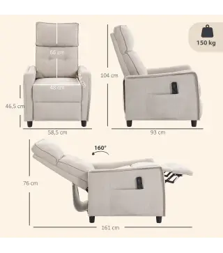 Sillón de Masaje Reclinable con Reposapiés 2 Zonas de Masaje Asiento de Muelles Bolsillos Tapizado en Lino Crema