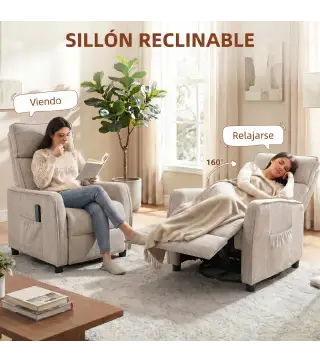 Sillón de Masaje Reclinable con Reposapiés 2 Zonas de Masaje Asiento de Muelles Bolsillos Tapizado en Lino Crema