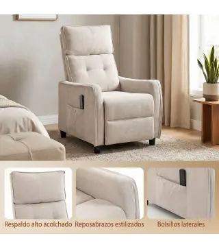 Sillón de Masaje Reclinable con Reposapiés 2 Zonas de Masaje Asiento de Muelles Bolsillos Tapizado en Lino Crema