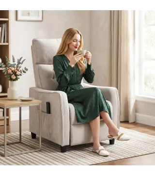 Sillón de Masaje Reclinable con Reposapiés 2 Zonas de Masaje Asiento de Muelles Bolsillos Tapizado en Lino Crema