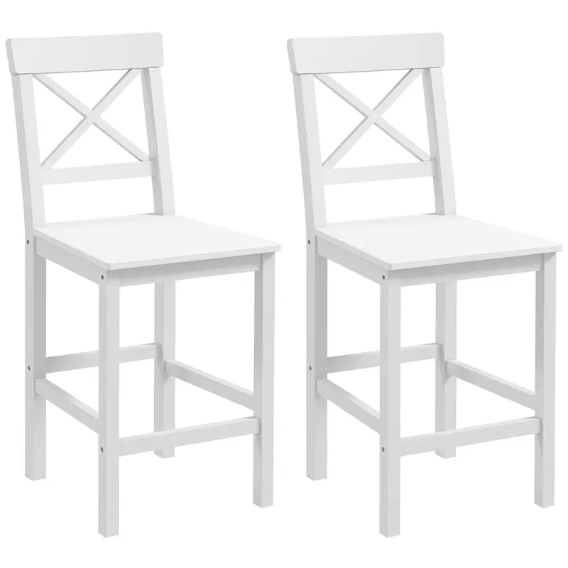 Juego de 2 Taburetes Altos de Cocina Taburetes de Bar de Madera con Reposapiés y Respaldo Cruzado Carga 120 kg Blanco