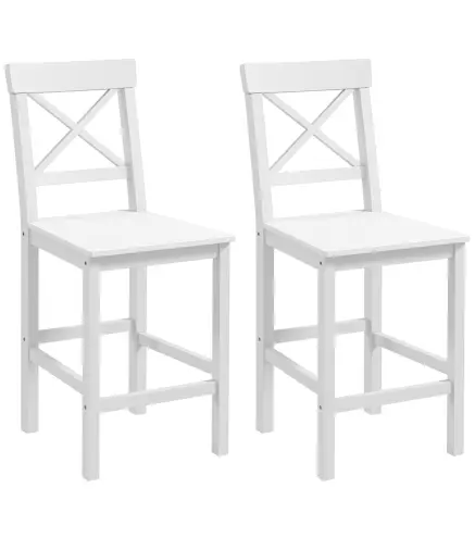 Juego de 2 Taburetes Altos de Cocina Taburetes de Bar de Madera con Reposapiés y Respaldo Cruzado Carga 120 kg Blanco