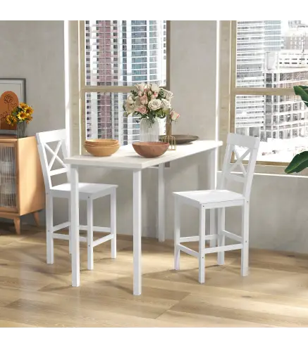 Juego de 2 Taburetes Altos de Cocina Taburetes de Bar de Madera con Reposapiés y Respaldo Cruzado Carga 120 kg Blanco