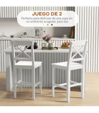Juego de 2 Taburetes Altos de Cocina Taburetes de Bar de Madera con Reposapiés y Respaldo Cruzado Carga 120 kg Blanco