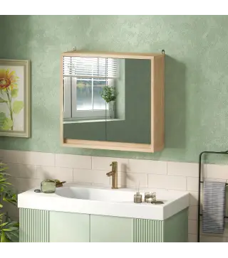 Armario de Baño con Espejo con 2 Puertas y Balda Ajustable Mueble Colgante de Estilo Moderno 48x14,5x45cm Natural