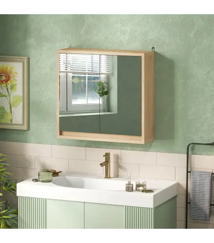 Armario de Baño con Espejo con 2 Puertas y Balda Ajustable Mueble Colgante de Estilo Moderno 48x14,5x45cm Natural