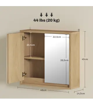 Armario de Baño con Espejo con 2 Puertas y Balda Ajustable Mueble Colgante de Estilo Moderno 48x14,5x45cm Natural