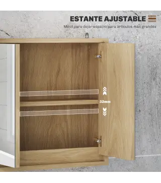 Armario de Baño con Espejo con 2 Puertas y Balda Ajustable Mueble Colgante de Estilo Moderno 48x14,5x45cm Natural
