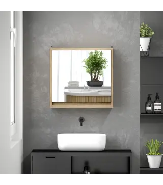 Armario de Baño con Espejo con 2 Puertas y Balda Ajustable Mueble Colgante de Estilo Moderno 48x14,5x45cm Natural