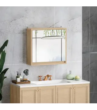Armario de Baño con Espejo con 2 Puertas y Balda Ajustable Mueble Colgante de Estilo Moderno 48x14,5x45cm Natural