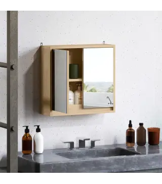 Armario de Baño con Espejo con 2 Puertas y Balda Ajustable Mueble Colgante de Estilo Moderno 48x14,5x45cm Natural