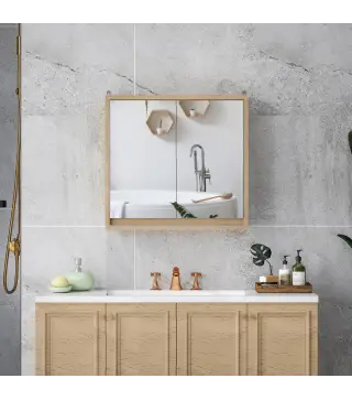 Armario de Baño con Espejo con 2 Puertas y Balda Ajustable Mueble Colgante de Estilo Moderno 48x14,5x45cm Natural