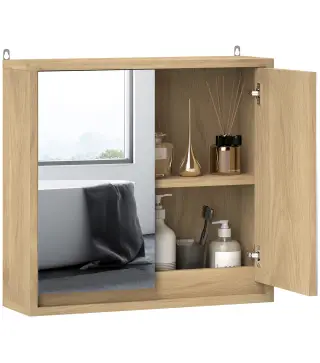 Armario de Baño con Espejo con 2 Puertas y Balda Ajustable Mueble Colgante de Estilo Moderno 48x14,5x45cm Natural