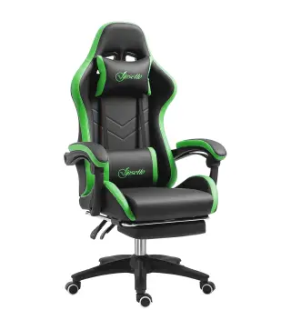 Silla Gaming de Cuero Sintético Reclinable 135° Reposacabezas y Reposapiés 65x65x121-129cm Negro y Verde