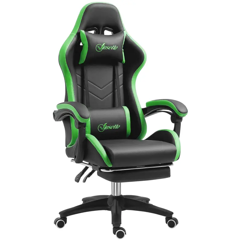Silla Gaming de Cuero Sintético Reclinable 135° Reposacabezas y Reposapiés 65x65x121-129cm Negro y Verde
