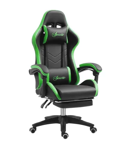 Silla Gaming de Cuero Sintético Reclinable 135° Reposacabezas y Reposapiés 65x65x121-129cm Negro y Verde