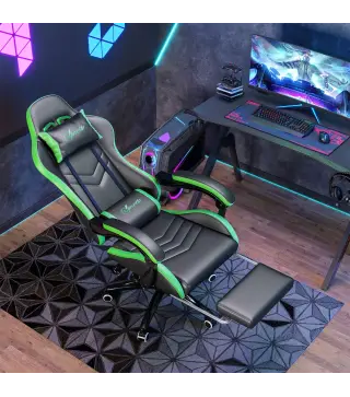 Silla Gaming de Cuero Sintético Reclinable 135° Reposacabezas y Reposapiés 65x65x121-129cm Negro y Verde
