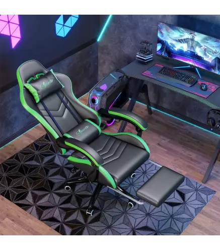 Silla Gaming de Cuero Sintético Reclinable 135° Reposacabezas y Reposapiés 65x65x121-129cm Negro y Verde