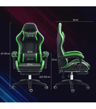 Silla Gaming de Cuero Sintético Reclinable 135° Reposacabezas y Reposapiés 65x65x121-129cm Negro y Verde