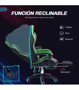 Silla Gaming de Cuero Sintético Reclinable 135° Reposacabezas y Reposapiés 65x65x121-129cm Negro y Verde