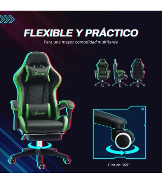 Silla Gaming de Cuero Sintético Reclinable 135° Reposacabezas y Reposapiés 65x65x121-129cm Negro y Verde