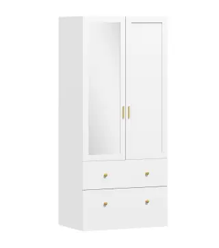 Armario Dormitorio 2 Puertas y 2 Cajones Armario Ropero con Espejo Barra para Colgar 80x50x180 cm Blanco