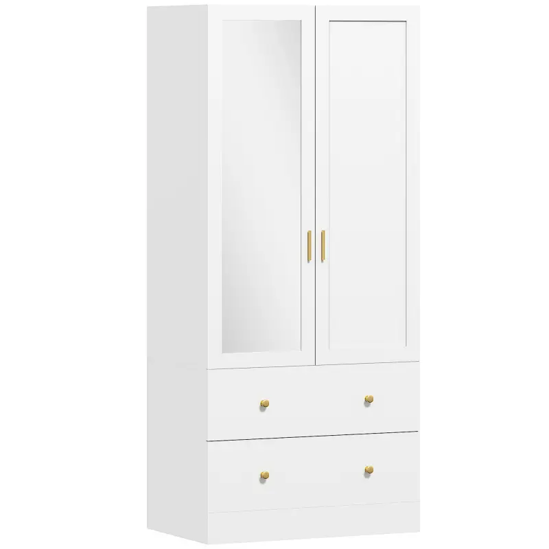 Armario Dormitorio 2 Puertas y 2 Cajones Armario Ropero con Espejo Barra para Colgar 80x50x180 cm Blanco Armario Dormitorio 2 Puertas y 2 Cajones Armario Ropero con Espejo Barra para Colgar 80x50x180 cm Blanco
