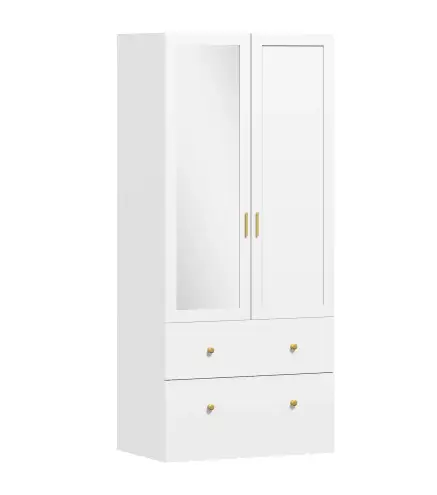 Armario Dormitorio 2 Puertas y 2 Cajones Armario Ropero con Espejo Barra para Colgar 80x50x180 cm Blanco