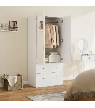 Armario Dormitorio 2 Puertas y 2 Cajones Armario Ropero con Espejo Barra para Colgar 80x50x180 cm Blanco
